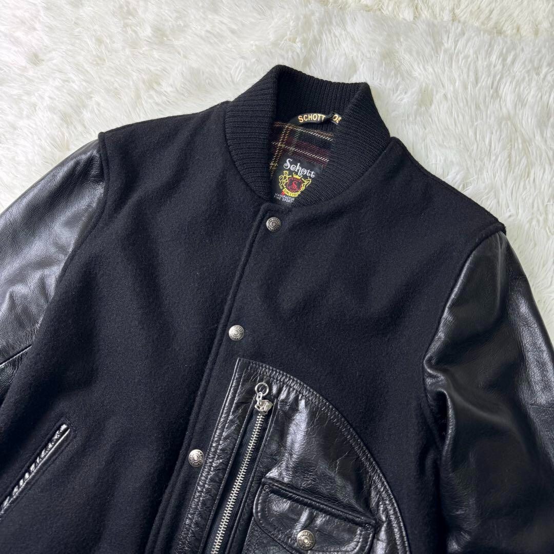 Schott　VARSITY 36 Dポケット Rare Schott Varsity Jacket Sleeve Leather D Pocket Black 36