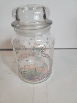 1989 Anchor Hocking Jar with Clear Stopper Lid ROSES Decal Corals Blues Made USA