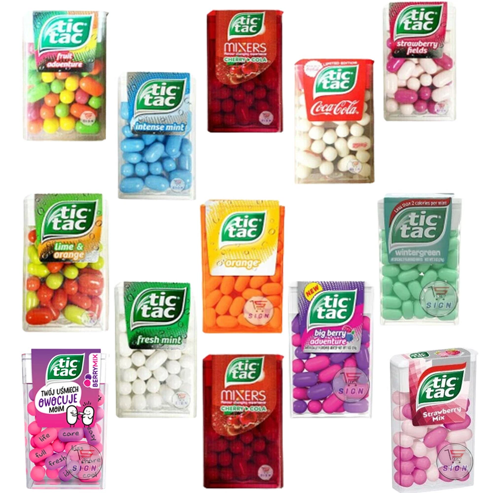 TIC TAC VARIETY FLAVOURS SWEETS 5 x 18g LIME, ORANGE, MINT,FRUIT,CHERRY  COLA,ETC