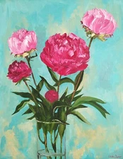 pink peonies bouquet on turquoise original oil painting  18x14''