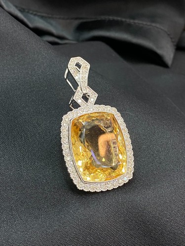 Pave 49.66 Cts Round Brilliant Cut Natural Diamonds Citrine Pendant in 18K Gold - Picture 8 of 15