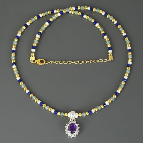 Naturale Ametista & Lapislazzuli Multicolore Perlina Catena 925 Argento Collana - Foto 3 di 6