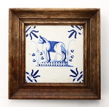 First Half of 17th Century Framed Delft Tile With Dog and Lily Corner Motif