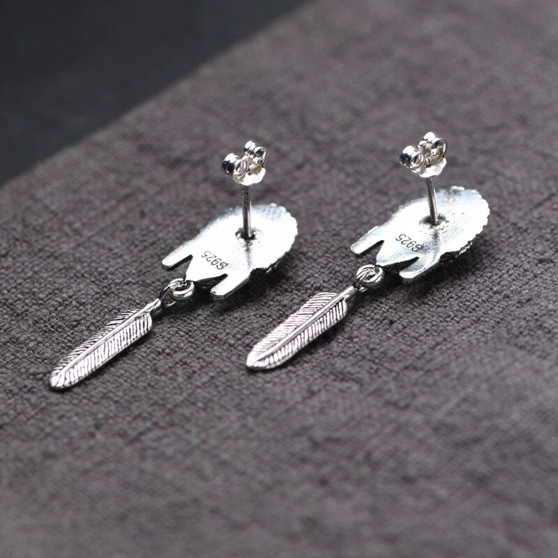 Gótico 925 Plata Esterlina Indios Tribal Pluma Tocado Calavera Pendiente Colgante Foto 4 de 4