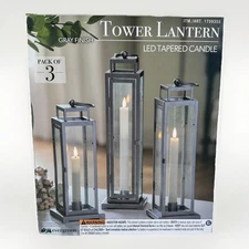 Evergreen Pack of 3 Tower Lantern LED Tapered Candles Hangable with Gray Finish