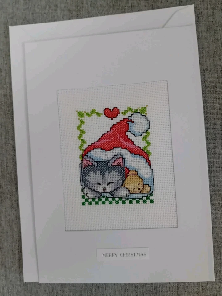 TWO charming large Completed Cross Stitched Christmas Cards - kitten and teddy - Image 2 of 3