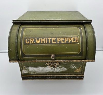 Antique Hand Painted Tin Roll Top Pepper Spice Bin / General Country Store Decor