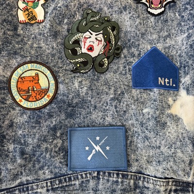GET USED by ELIE Denim Jean Jacket VTG 90s Acid Wash Patchwork 