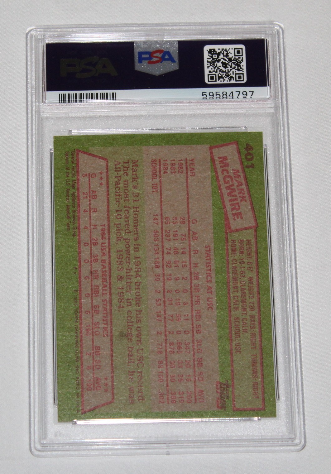 1985 Topps Baseball Card #401 MARK MCGWIRE 1984 Team USA ROOKIE RC PSA 8 NM-MT view 2