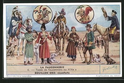 Sammelbild Liebig, Serie: La Fauconnerie, No. 6, Types de fauconniers au XIX. 