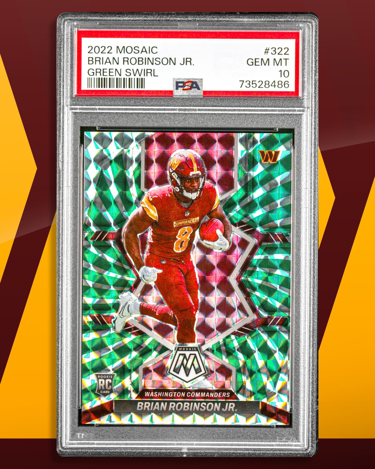 Brian Robinson Jr 2022 Mosaic Green Swirl Mosaic Prizm Rookie! SSP 10/11! PSA 10
