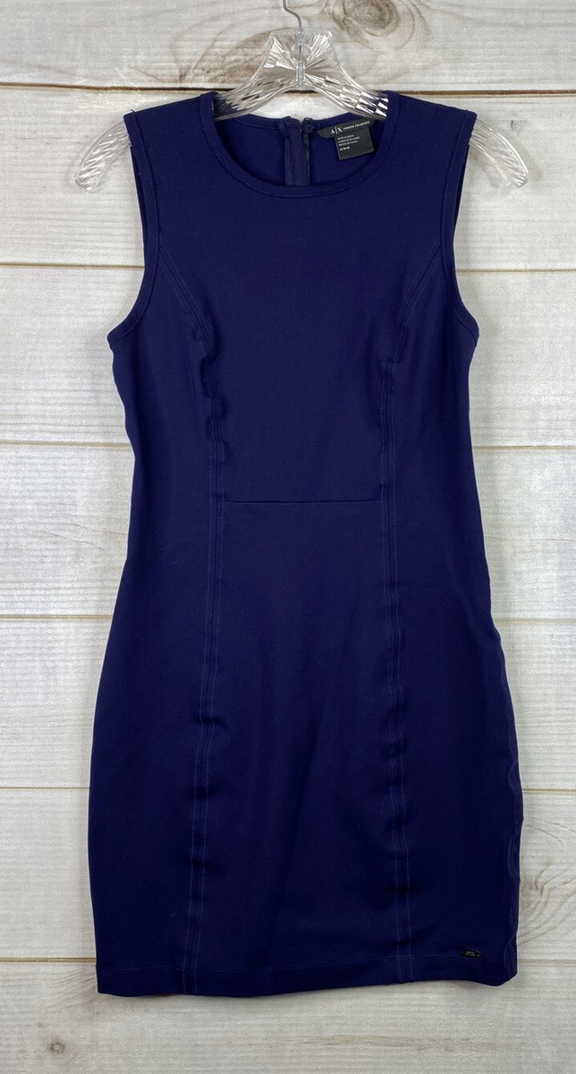 armani exchange blue dress AX Womens M Sleeveless Ruffle Knee Length Ponte Knit modern silhouette