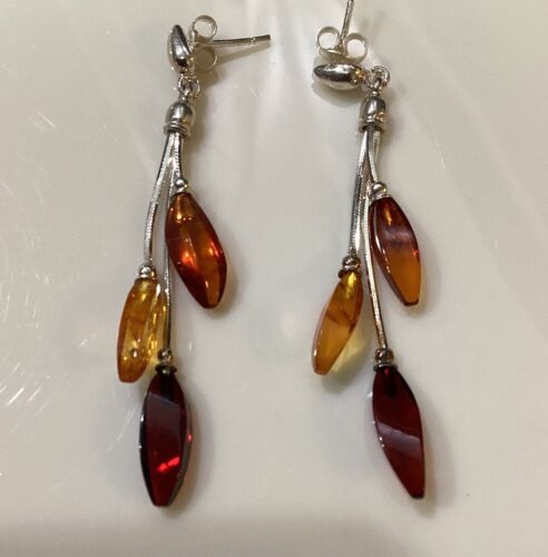 925 Sterling Silver Multicolor Baltic Amber Drop Dangle Post Earrings 3.94g