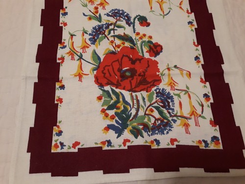 Vtg Or Reproduction Maroon Floral Poppy Cotton Linen Dish Towel 15x27 Unused - Picture 2 of 3