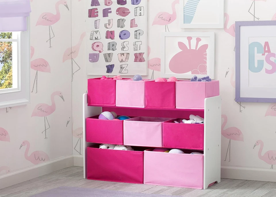 Organizador de brinquedos Delta Children Deluxe multibanco com caixas de armazenamento, caixas brancas/rosa - Imagem 3 de 4