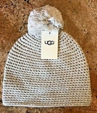 NWT Women's UGG Gray Pom -Pom Knit Beanie Hat One Size