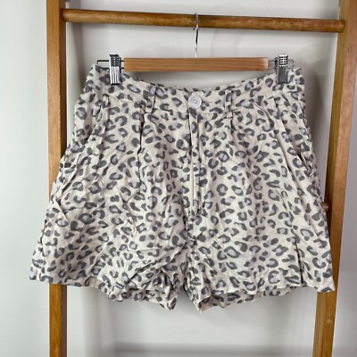 Alessandra Shorts Womens Small Beige Leopard Print Linen Boyfriend Pleated Front
