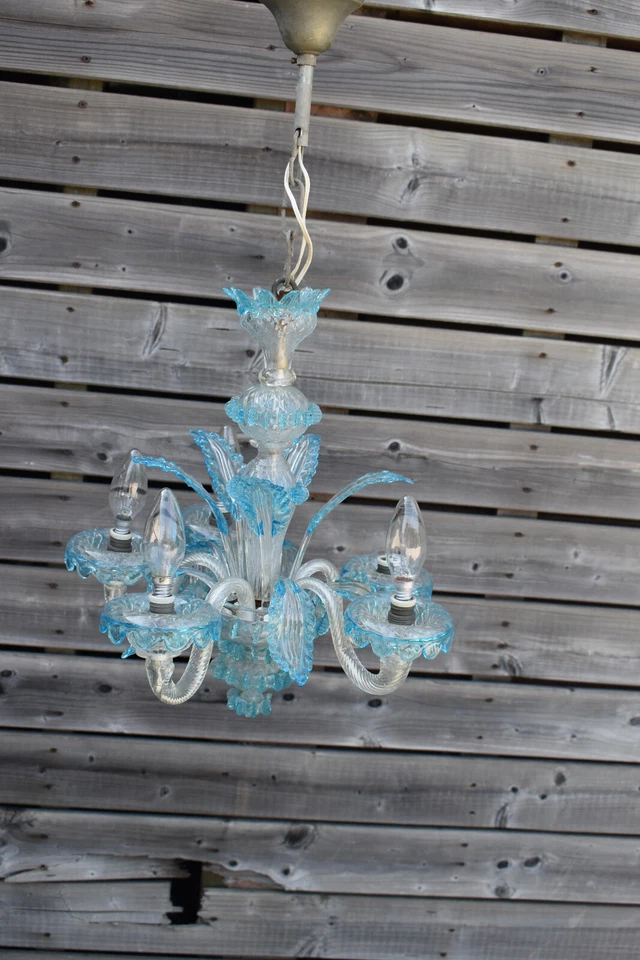 Vintage italian 1970 Murano light blue clear glass 5 arm chandelier lamp - Image 2 of 4