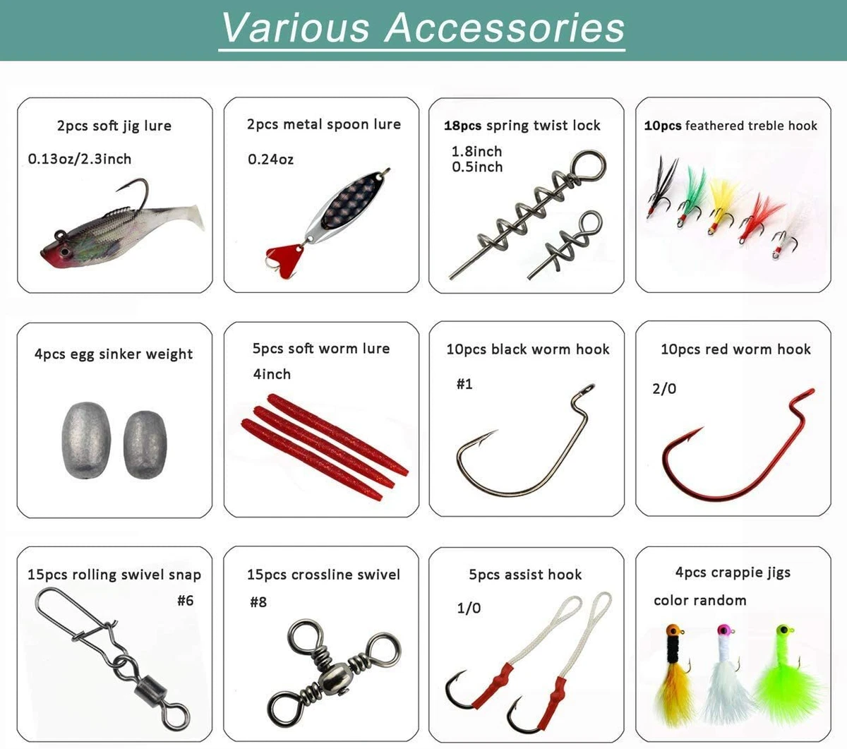 Fishing Tackle Kit 100Pcs Accessories  Lures/Sinker/Weights/Beads/Hooks/Swivels