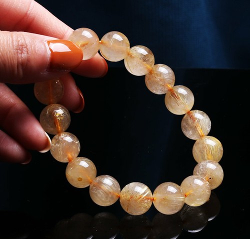 12mm Natural Gold Rutilated Titanium Quartz Crystal Beads Bracelet AAA A0287 - Picture 6 of 6