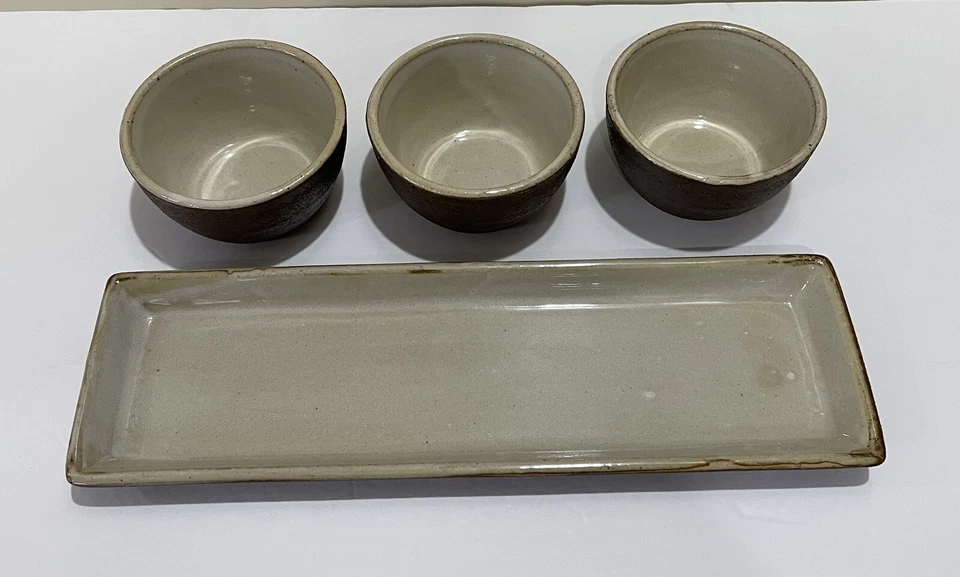 Pottery Barn Set of 4 Appetizer Cracker Snack Dip Tray & 3 Bowls Earthtone - Image 3 of 4