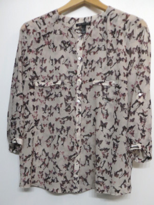 MNG Collection Shirt Womens Large Multicolor Butterflies Nature Button Up SHEER