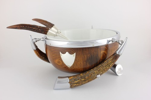 Antique English Oak, Deer Horn & Silver Plate Salad Trophy Bowl. Fruit Nut c1900 - Picture 5 of 14