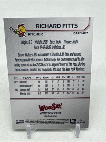 2024 Worcester Red Sox Richard Fitts RC Rookie Boston Minor Card - Picture 4 of 4