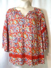 Ruby Rd. Red Blue Yellow Floral Lace Accents 3/4 Bell Sleeve Knit Top Size 1X