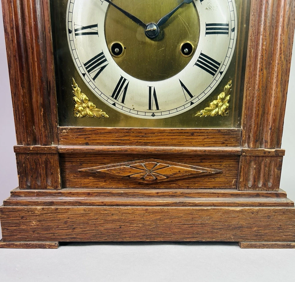 Antique 2 Train Wooden Hamburg American Clock Co.HAC German Mantle Bracket Clock - Image 2 of 4
