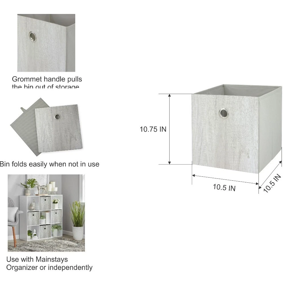 Collapsible Fabric Cube Storage Bins, Gray Wood, 4 Pack, 10.5 x 10.5 x 10.75 in - thumbnail 4