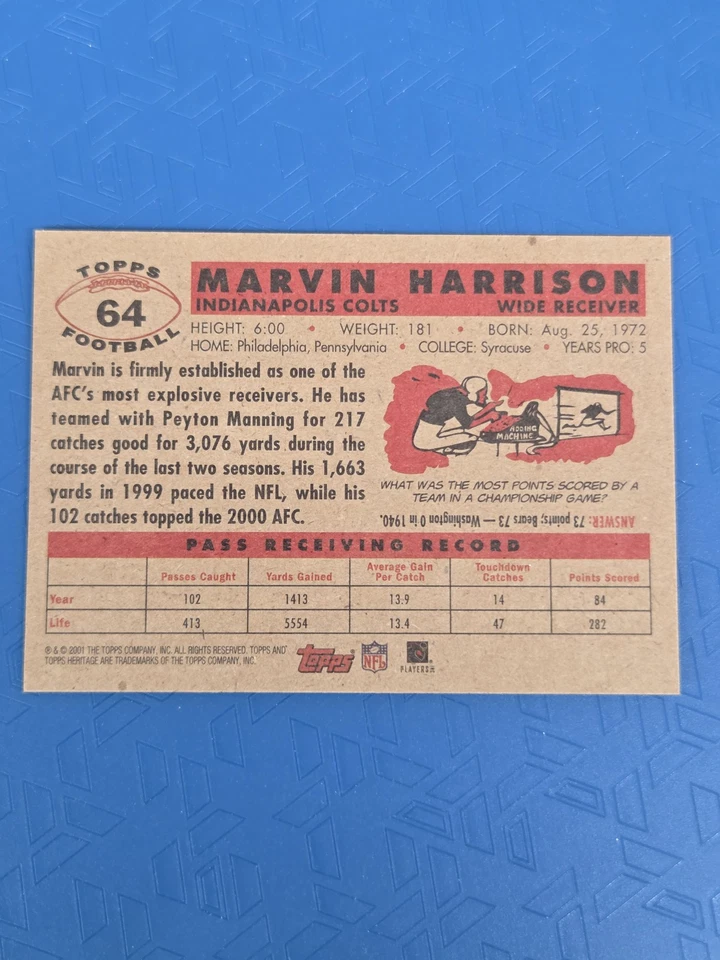 2001 Topps Heritage #64 Marvin Harrison Indianapolis Colts FOOTBALL Card 1H - Image 2 of 2