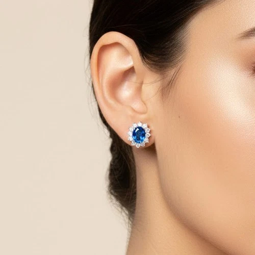 925 Sterling Silver White Gold Earrings Elegant Royal Blue Sapphire Oval 8.55Ct