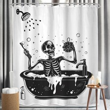Funny Skull Skeleton Halloween Shower Curtain 60Wx71H Gothic Black White 12