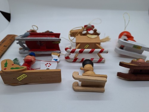 6 Vintage Wooden Wood Hand Painted Christmas Ornaments Sleigh Sled Dog - Picture 3 of 17