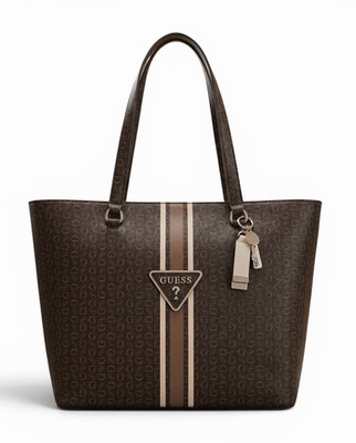NWT GUESS Brown Monogram Large Tote Bag Open Top Double Handle Bag Charm