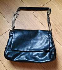 Black Leather Medium Shoulder Bag Silver Chain Strap Magnetic Flap 30x18x8cm