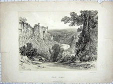 Original Old Antique Print New Weir Mountains Cliffs Trees