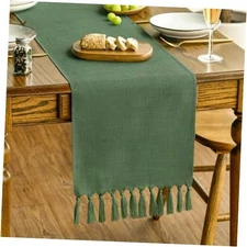  Tassel Table Runner, Linen Blend Rustic 13" x 72", Table Runner Dark Green