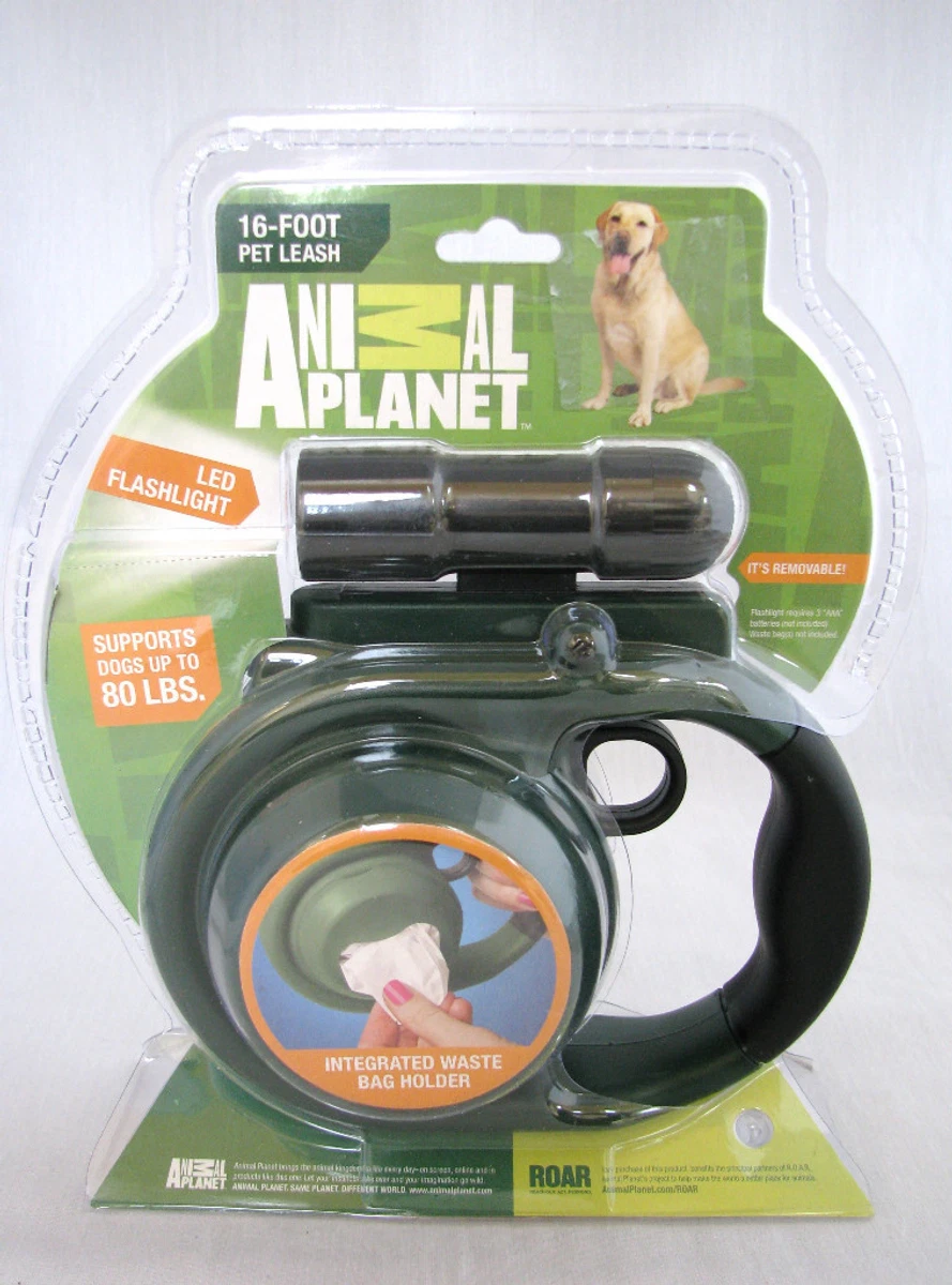 ANIMAL PLANET GREEN RETRACTABLE DOG 16 FT LEASH LED FLASHLIGHT WASTE BAG HOLDER