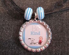 BE KIND Black Ribbon Bottle Cap Bling Charm Necklace Stripe Beads Charlie Snoopy