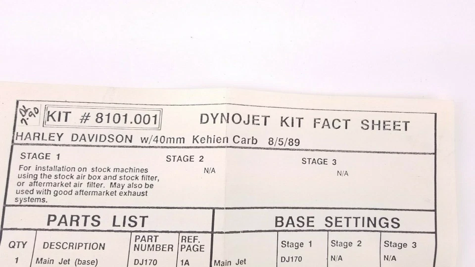 Dynojet Jet Kit Stage 1 #8101 for 1988 Harley Sportster w/ 40mm Kehien Carb - Image 4 of 4