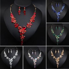 Crystal Rhinestone Necklace Earrings Jewelry Set Women Bridal Statement Wedding