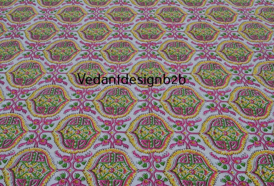 5 Yard Indian Hand Block Cotton Multicolor Geometric Print Handcrafted Fabric - Image 3 of 4