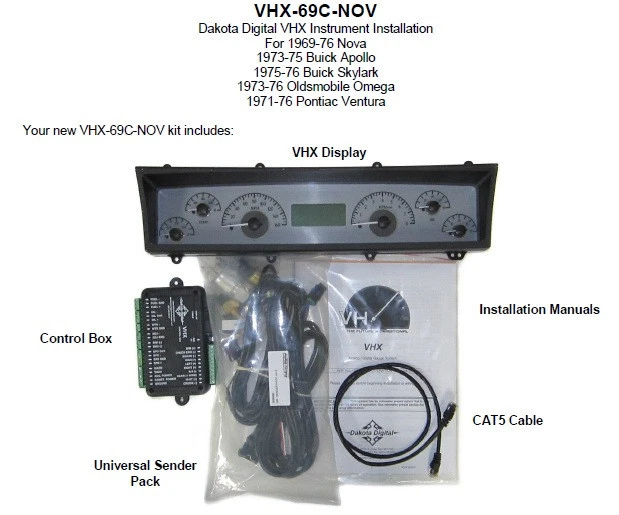 Sistema de calibre analógico Dakota Digital 69-76 Chevy Nova negro blanco VHX-69C-NOV-K-W Foto 4 de 4