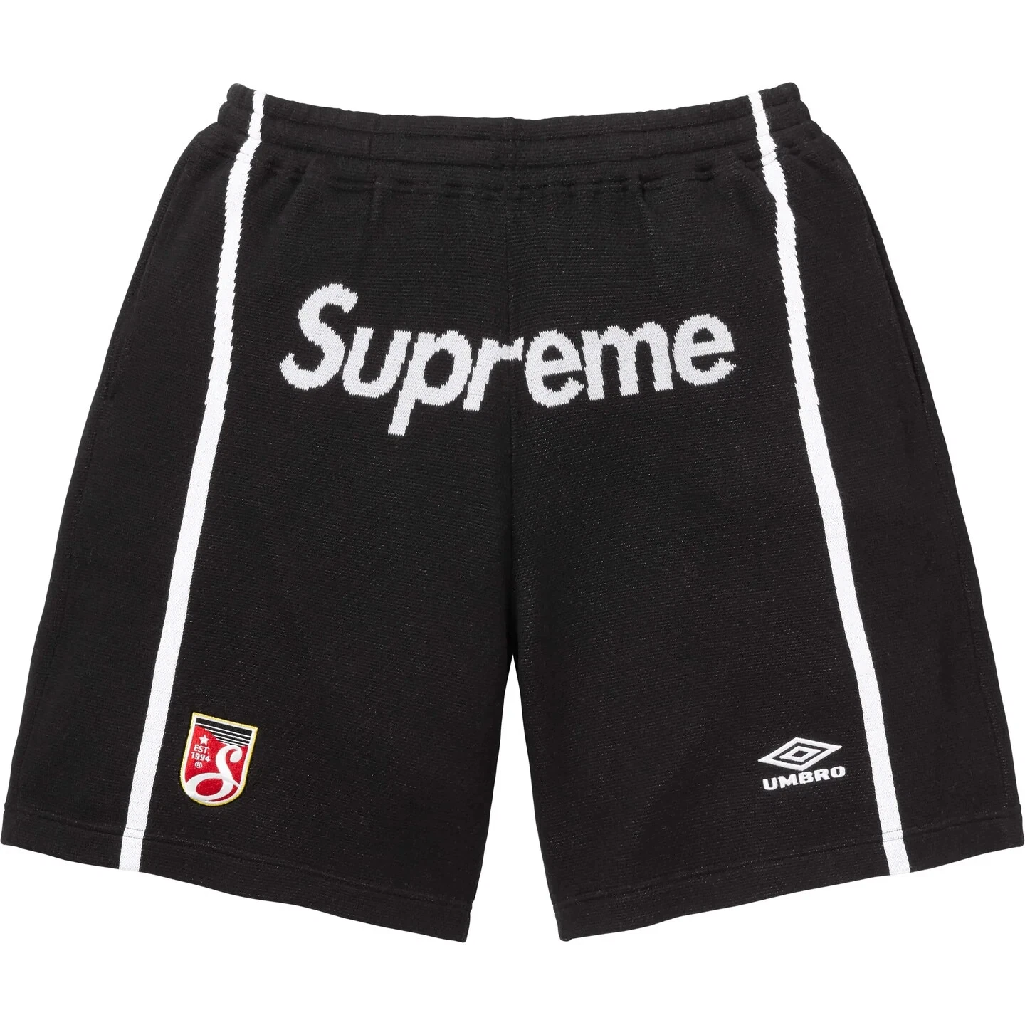 Short de football Supreme SS25 logo Umbro tricot coton noir taille XL neuf EXPÉDIÉ