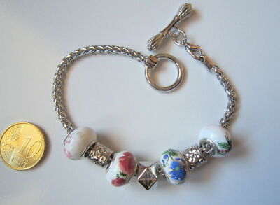 Pulsera europea completa 21 cm + 7 abalorios colores plateada cierre aro y barra