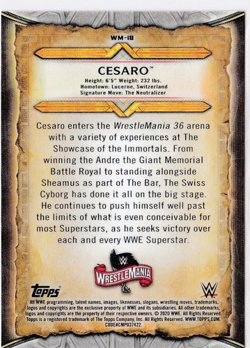 2020 Topps WWE Road to Wrestlemania Cesaro #WM-18 - Picture 2 of 2
