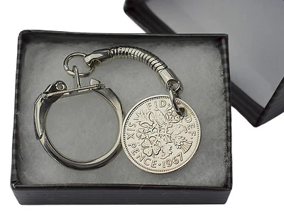 COIN KEYRING - BRITISH SIXPENCE KEYRING CHOICE OF YEAR 1920-1967 BIRTHDAY