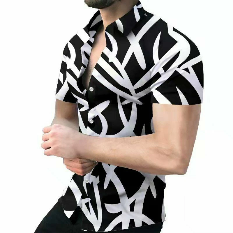 Button Down Shirt Men Fashion Black White Contrast Short Sleeve Casual Party Tee